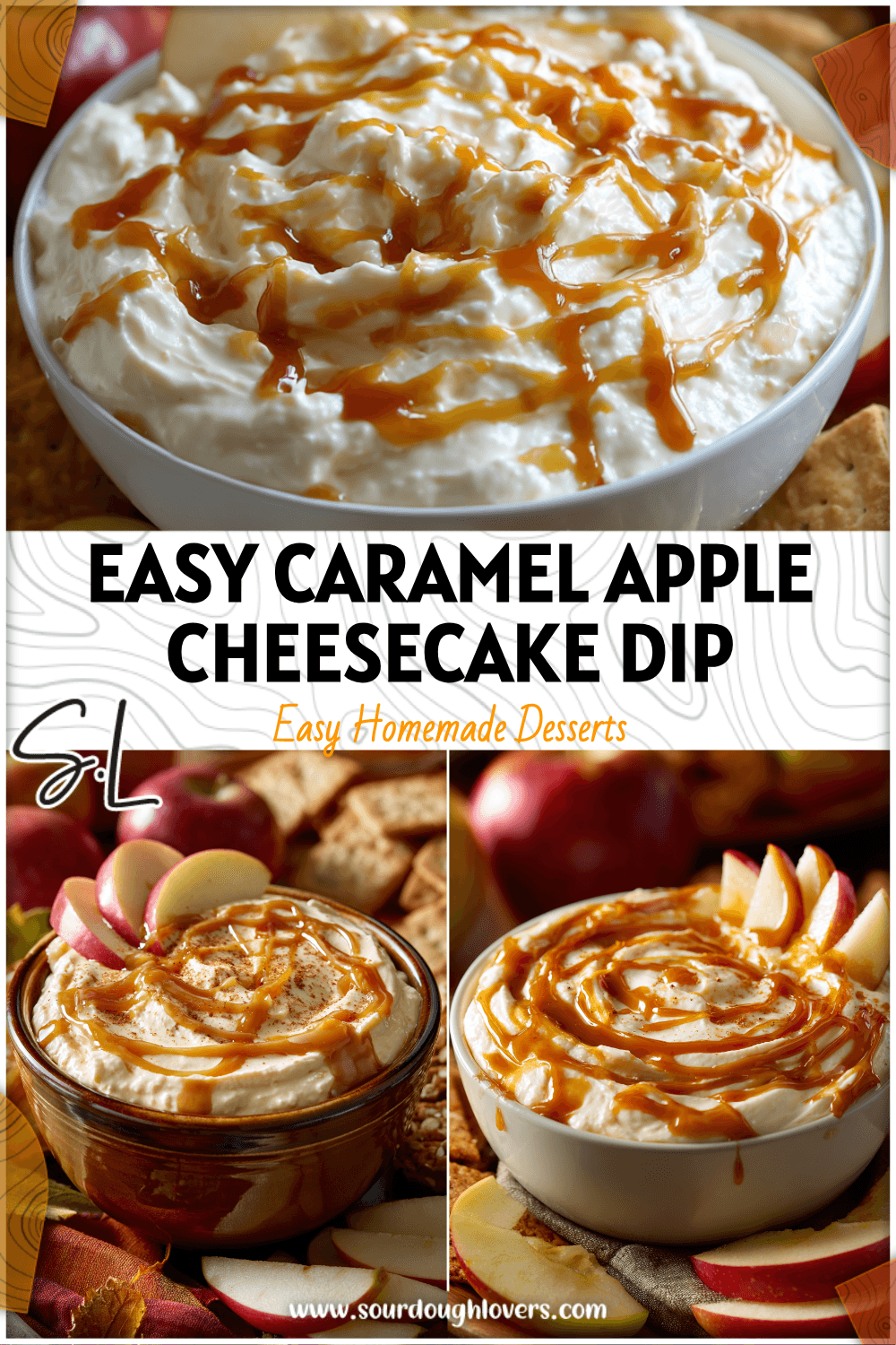 Bowl of creamy caramel apple cheesecake dip topped with caramel drizzle and apple slices on a fall table. 26